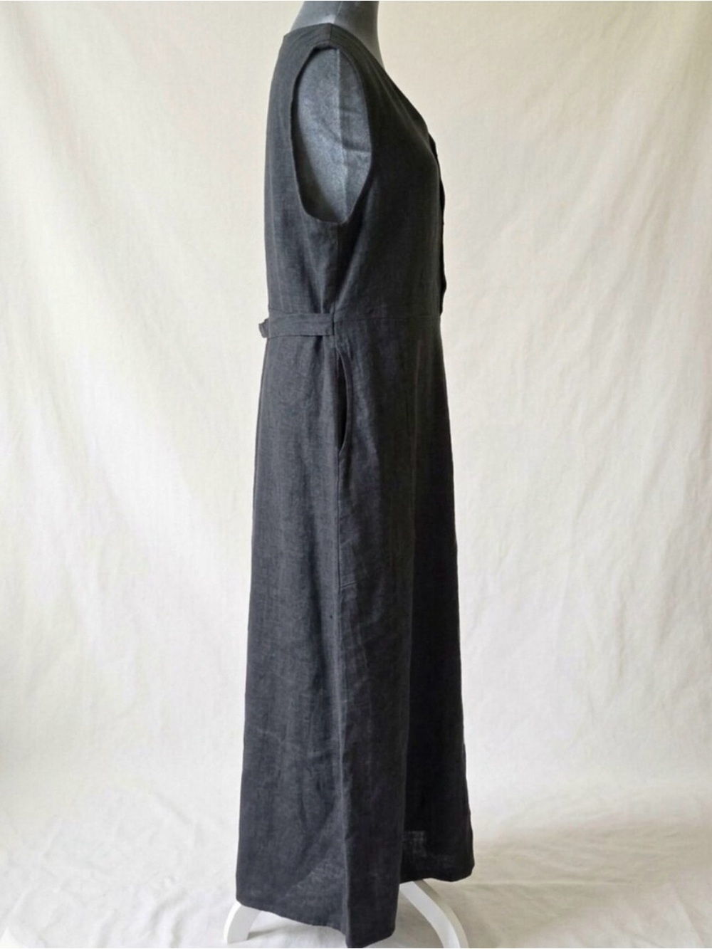 Vintage FLAX Jeanne Engelhart 100% Linen Grey Maxi Dress Button Front Pockets M - Picture 5 of 16